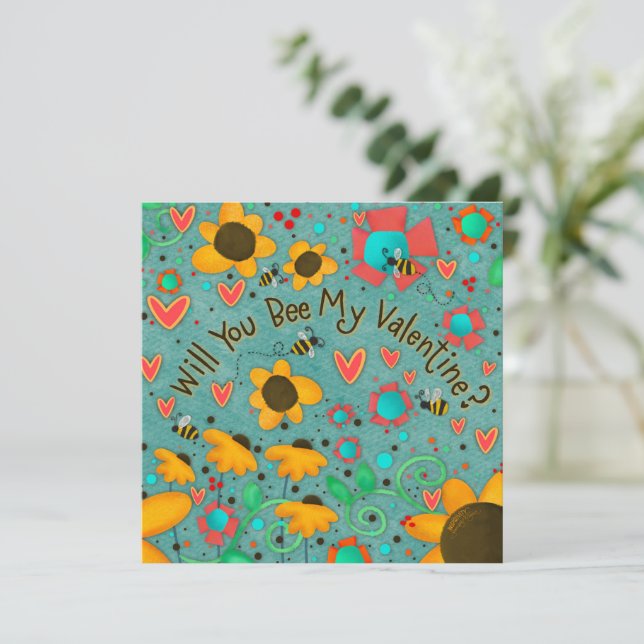 Carte Veux-tu BEE my Valentine mignonne Floral Kids (Debout devant)