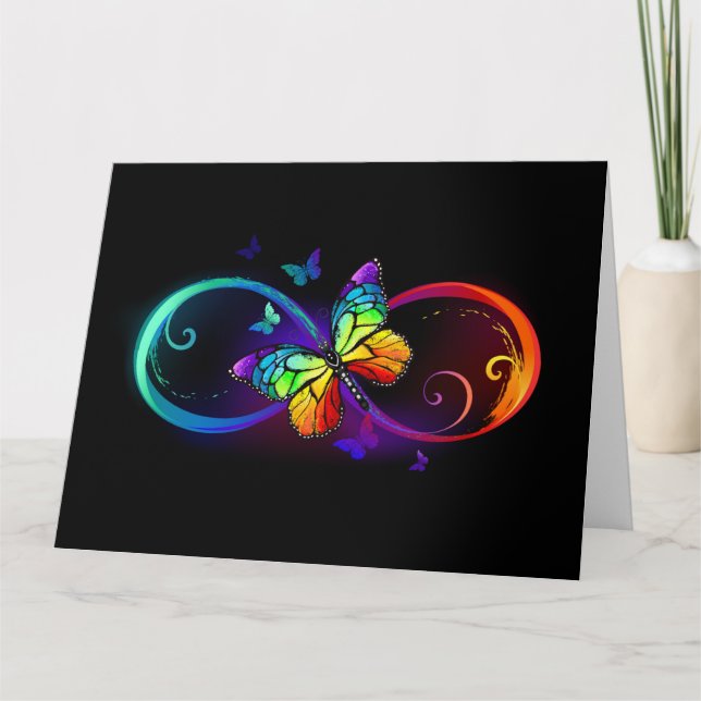 Carte Vibrant infinity with rainbow butterfly on black (Devant)