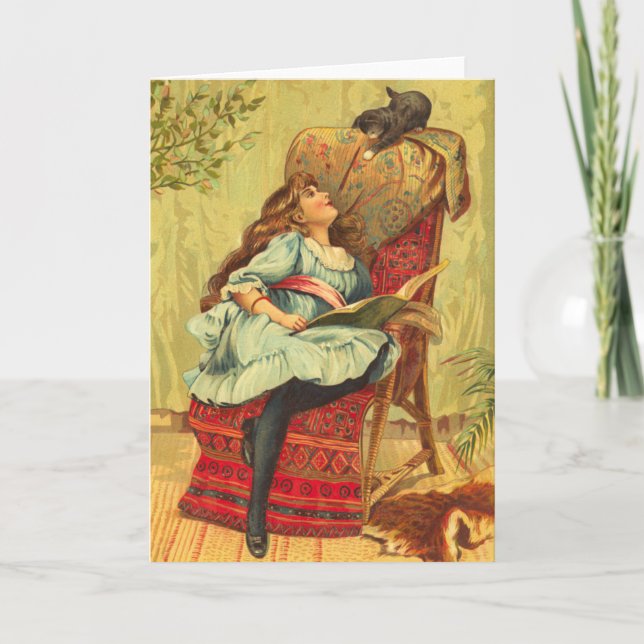 Carte Victorian Girl Lire un livre avec son chat (Devant)