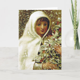 Carte Victorian hiver fille saint baie de neige peinture