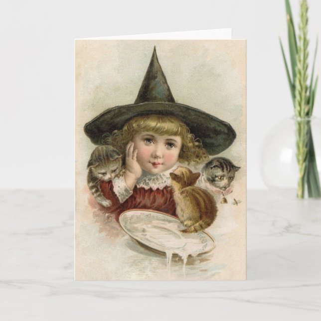 Carte Victorian Little Witch et Kittens Halloween (Devant)