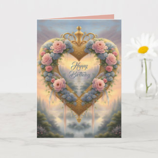 Carte Victorien, coeur doré avec des fleurs et dire
