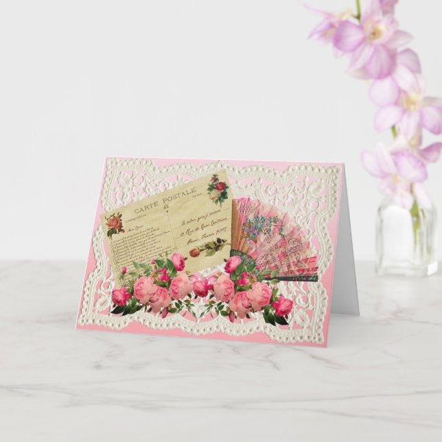 Carte Victorienne Valentine - Rose Et Ventilateur  (Orchidée)