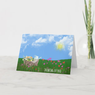 Carte vieille brouette avec des fleurs qui pensent à vou