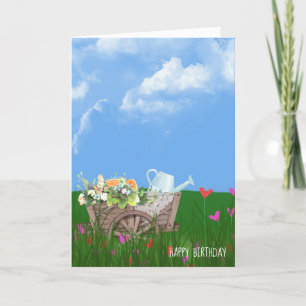 Carte vieille brouette avec fleurs anniversaire