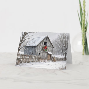 Carte Vieille grange avec couronne de Noël
