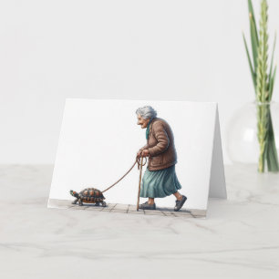 Carte Vielle dame marcher une tortue