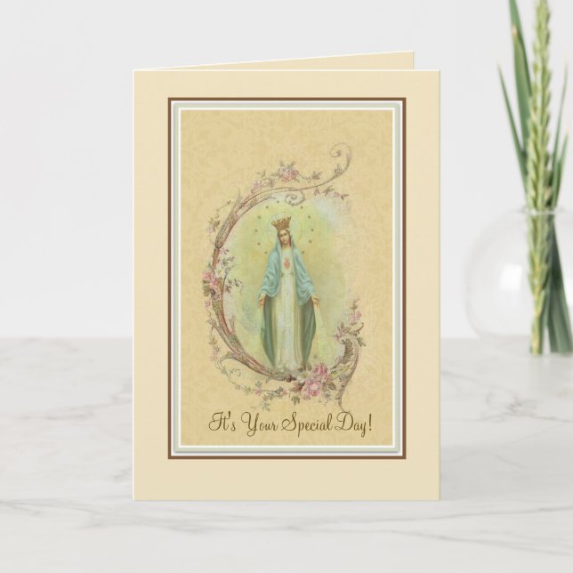 Carte Vierge catholique traditionnelle Marie Fleurs (Devant)