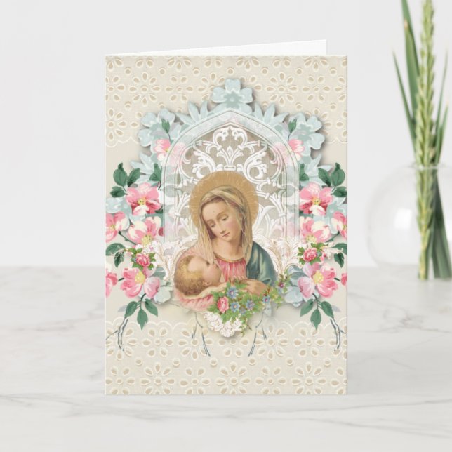 Carte Vierge religieuse Marie Jésus Écriture florale Ver (Devant)
