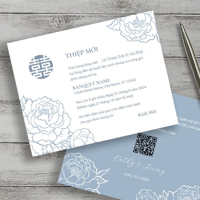 Carte Vietnamien Peony Song Hy Mariage Thiêp Mhonorable  (Front & Back)