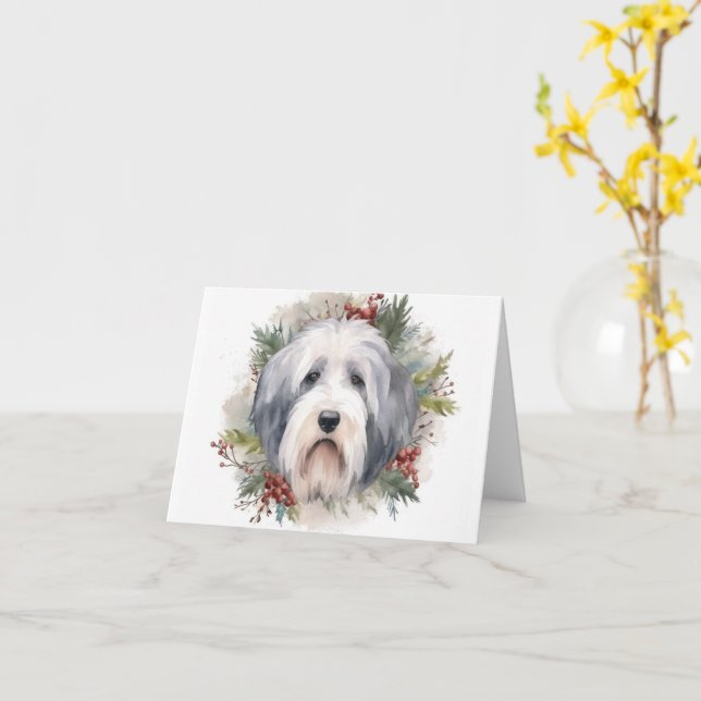 Carte Vieux anglais Sheepdog Christmas Wreath Festive Pu (Fleur jaune)