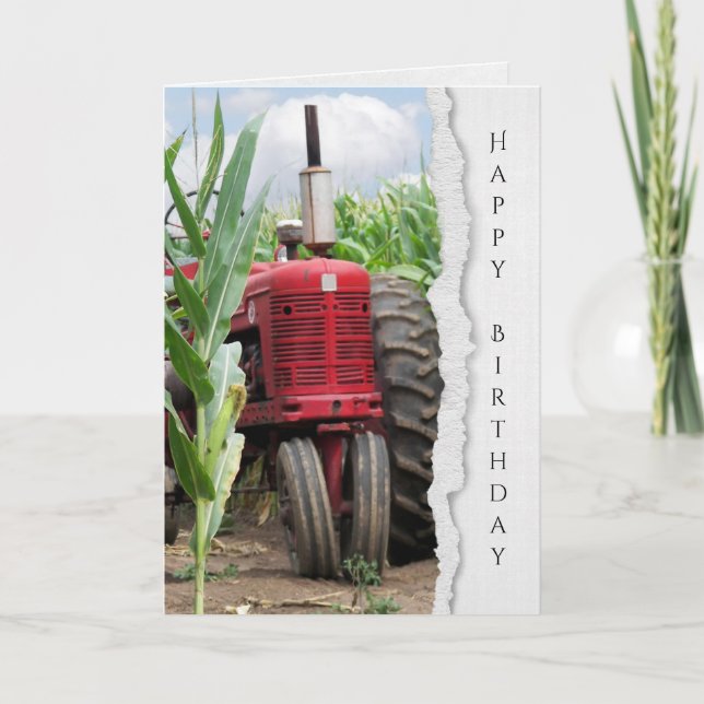 Carte vieux tracteur de ferme rouge à cornfield annivers (Devant)