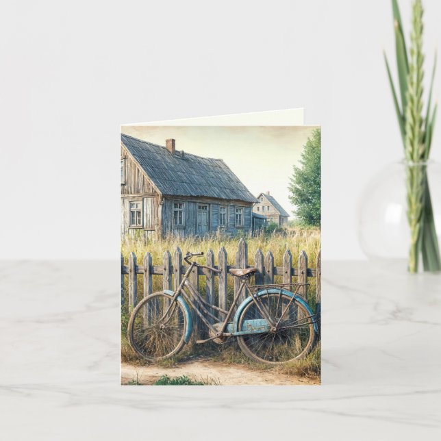 Carte Vieux Vélo Abandonné Sur La clôture Rustique (Devant)
