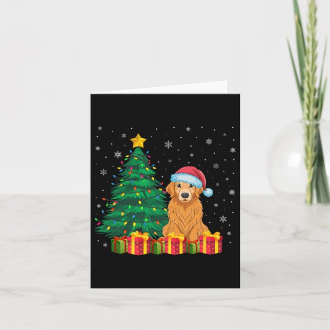 Carte Vilain Golden Retriever Santa Hat lumières de Noël (Devant)