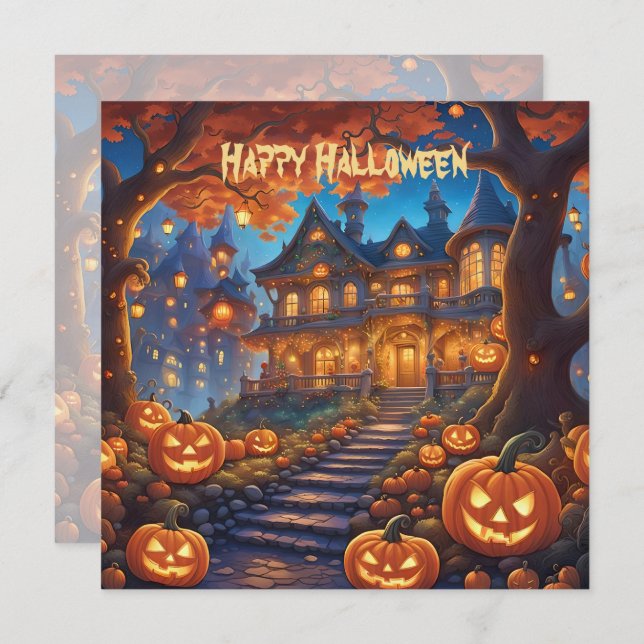 Carte villa éffrayante dans la forêt, citrouilles, Hallo (Devant / Derrière)