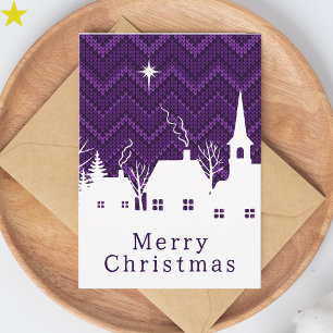Carte Village de Noël en tricot rustique argyle violet