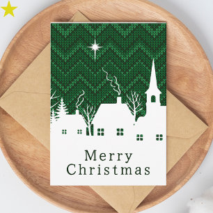 Carte Village de Noël en tricot rustique vert argyle