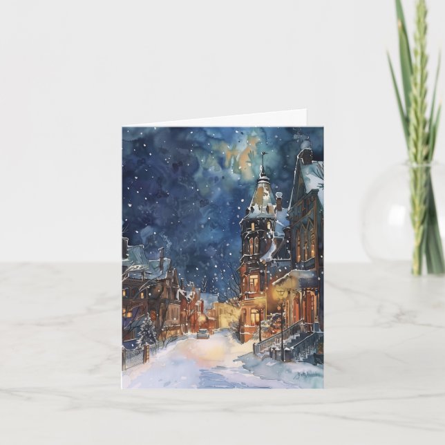 Carte Village de Noël illustratif dans la nuit de neige (Devant)