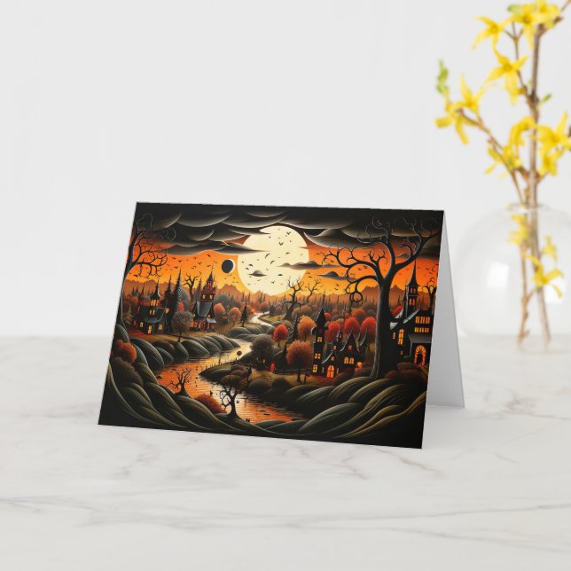 Carte Ville éffrayante après la nuit - Joyeux Halloween (Fleur jaune)