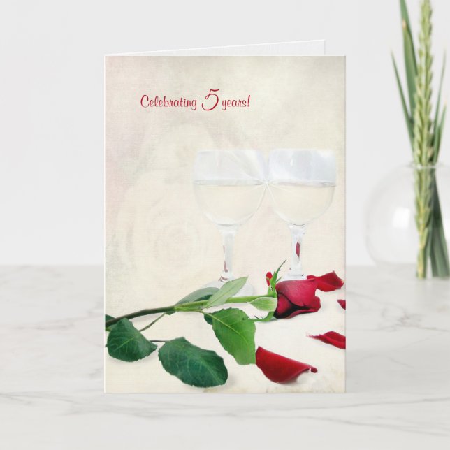 Carte vin et rose rouge pour le 5e anniversaire (Devant)