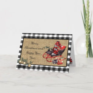 Carte Vintage Black Sleigh Packages Black Check Burlap