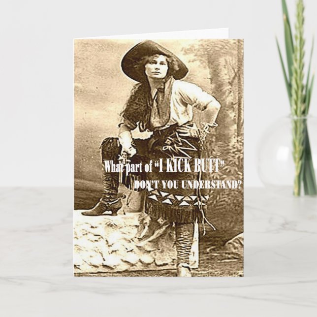 Carte vintage blanche personnalisée "I KICK BUTT" (Devant)