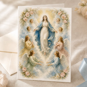 Carte Vintage Bleu Floral Assomption de Marie avec des A