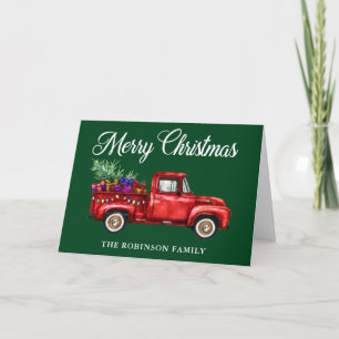 Carte Vintage Camion Rouge Arbre Cadeaux Noël Nom de fam