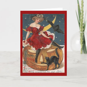 Carte Vintage dame d'Halloween en rouge sur Jack o' Lant