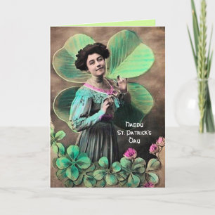 Carte VINTAGE DAME ET LUCKY SHAMROCK St Patrick's Day