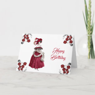 Carte Vintage Dame Rouge Florale Élégant Anniversaire