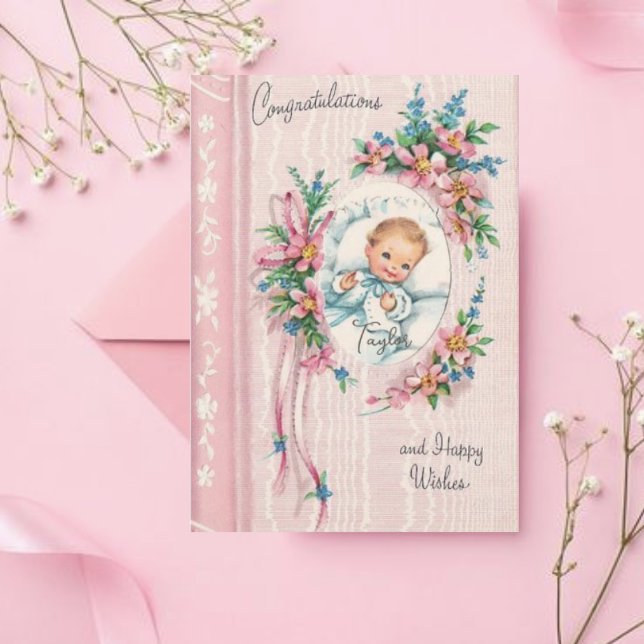 Carte vintage de Félicitations pour bébé pour fill (Créateur téléchargé)