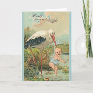 Carte vintage de voeux pour bébé et cigogne