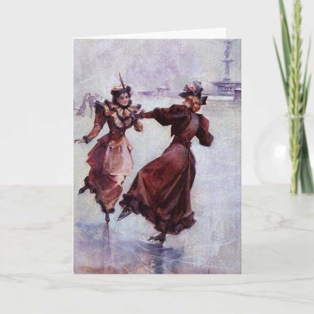 Carte Vintage - Deux Femmes Patinage Sur Glace, (Devant)
