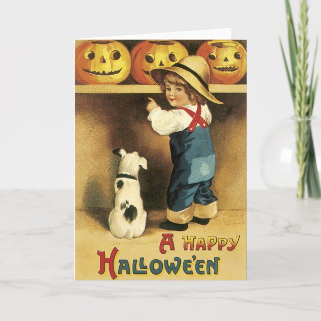 Carte vintage d'Halloween pour garçon fermier (Devant)