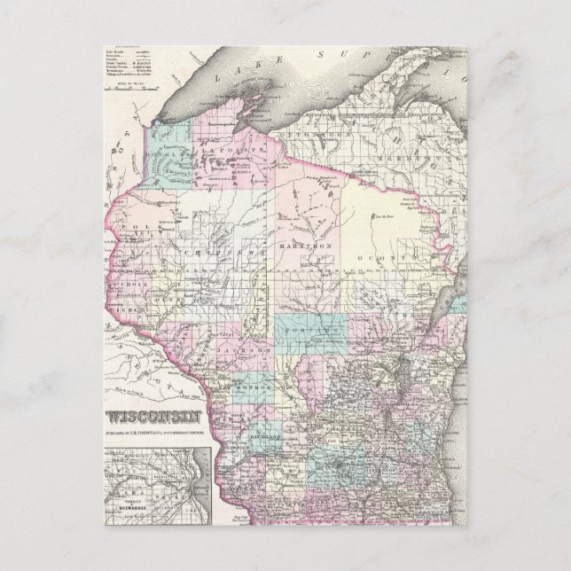Carte vintage du Wisconsin (1855) (Devant)