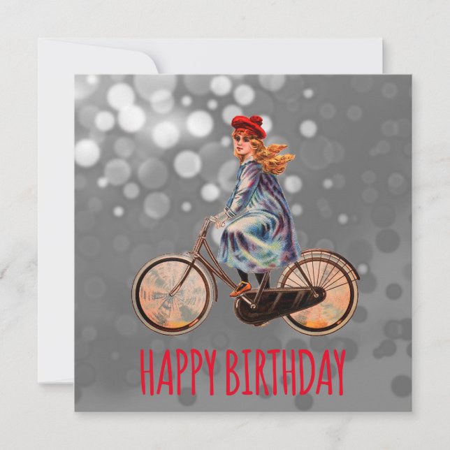 Carte Vintage fille à vélo - Anniversaire (Devant)