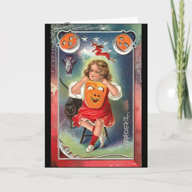 Carte Vintage - Fille d'Halloween avec masque (Devant)