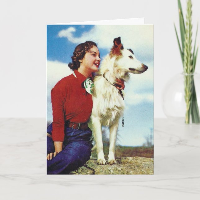 Carte Vintage fille et chien, anniversaire (Devant)
