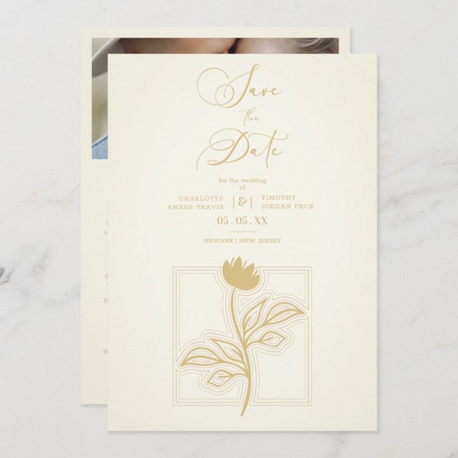 Carte Vintage Flower Modern Script Custom Photo Wedding (Devant / Derrière)