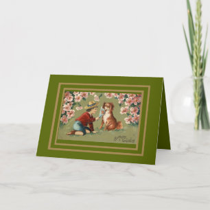 Carte vintage Garçon Et Chien Salutations Annivers