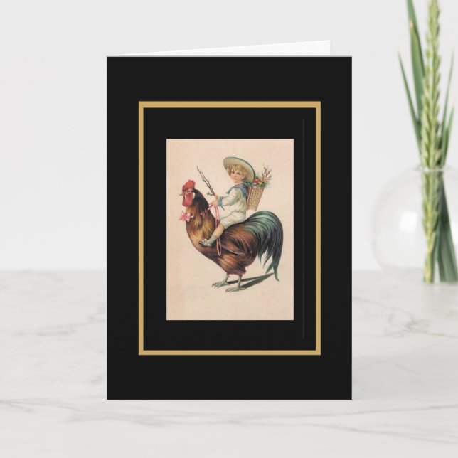 Carte vintage Garçon sur le coq (Devant)