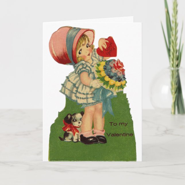 Carte Vintage Girl With Dog Valentine Greeting Card (Devant)