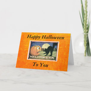 Carte Vintage Halloween Citrouille avec chat noir