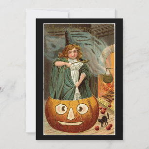Carte Vintage Halloween fille en Citrouille