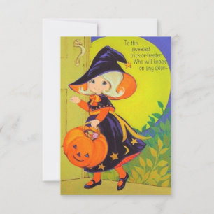 Carte Vintage Halloween Petite Sorcière Fille Trick Ou T