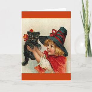 Carte Vintage Halloween petite sorcière tenant un chat n