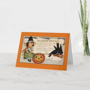 Carte Vintage Halloween Salutations Jolie Sorcière