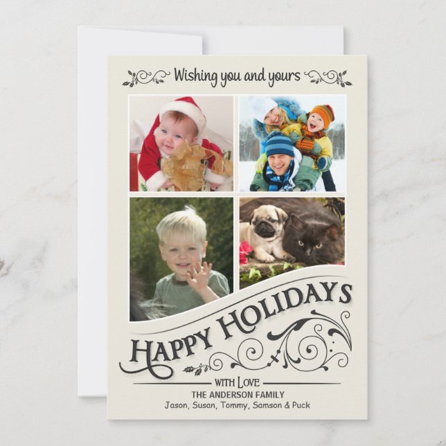 Carte vintage Happy Holidays 4-Photo Flat Card (Devant)