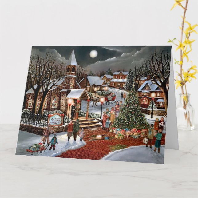 Carte Vintage hiver Noël paysage enneigé (Fleur jaune)